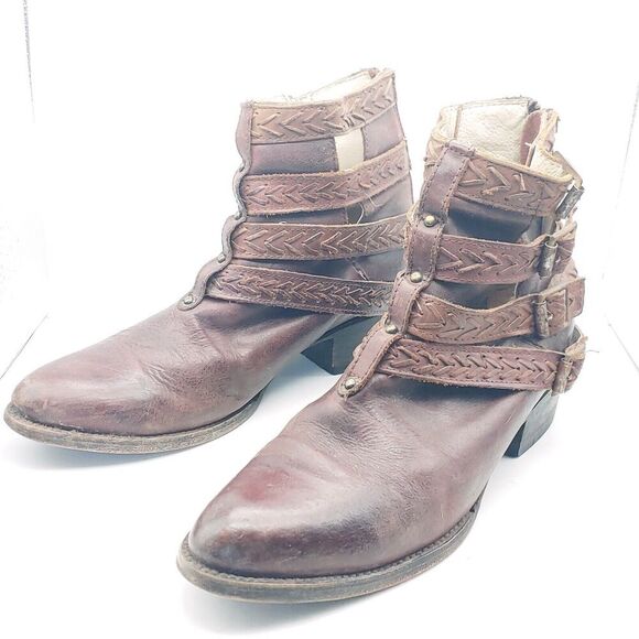 Freebird Women's Almond Toe Braided Buckled Straps Brown Leather Ankle Boots 10 - Picture 3 of 11